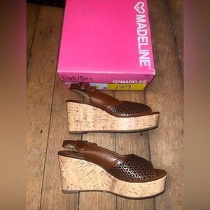 Madeline Women's Brown Faux Leather & Cork Wedge Sandals Size 7 M NEW